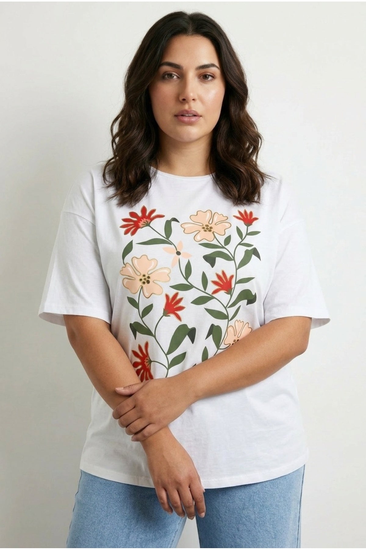 Plus Size Short Sleeve Crew Neck Floral Patterned T-shirt