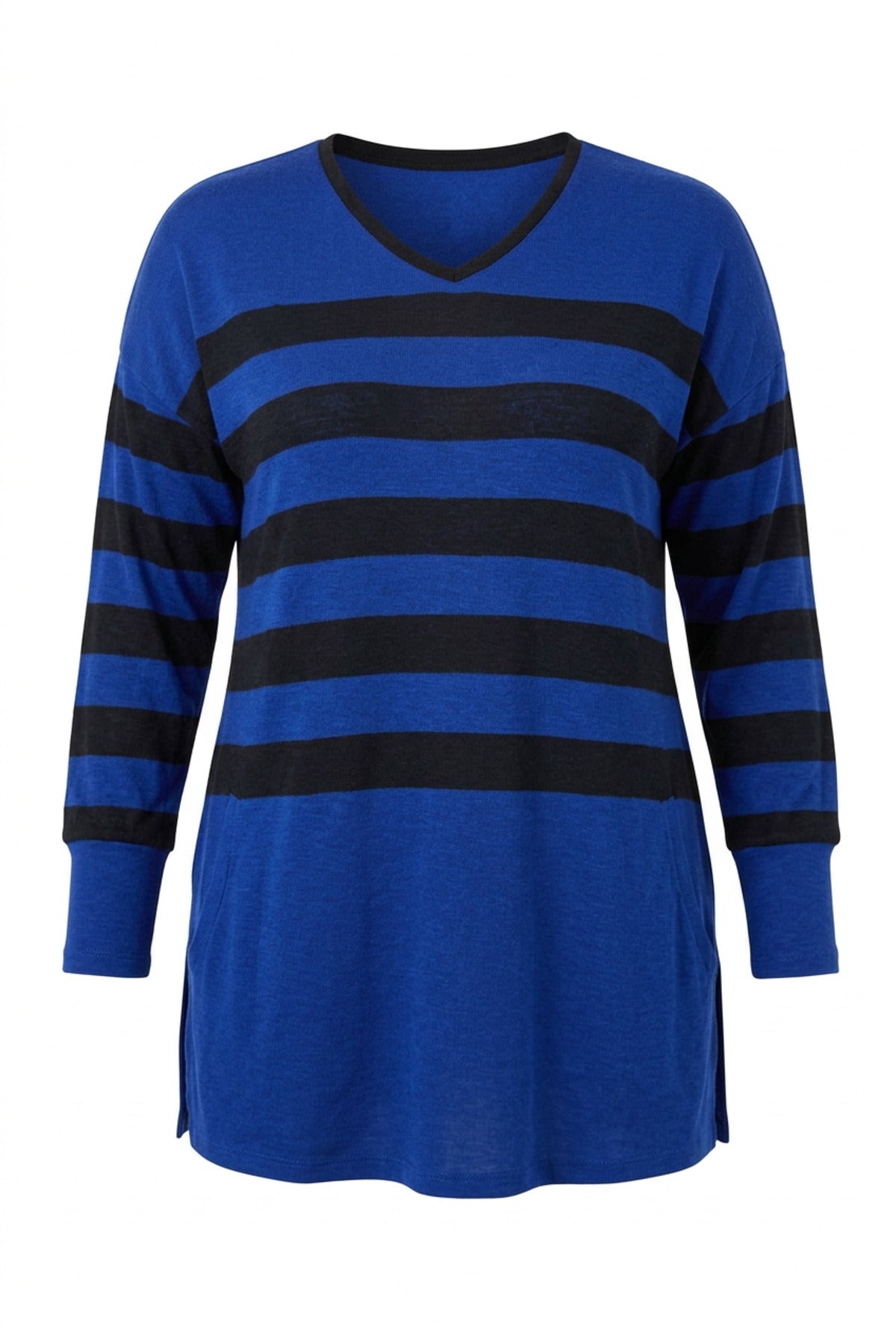Plus Size V-Neck Striped Slit Detail Thin Fabric Long Blouse