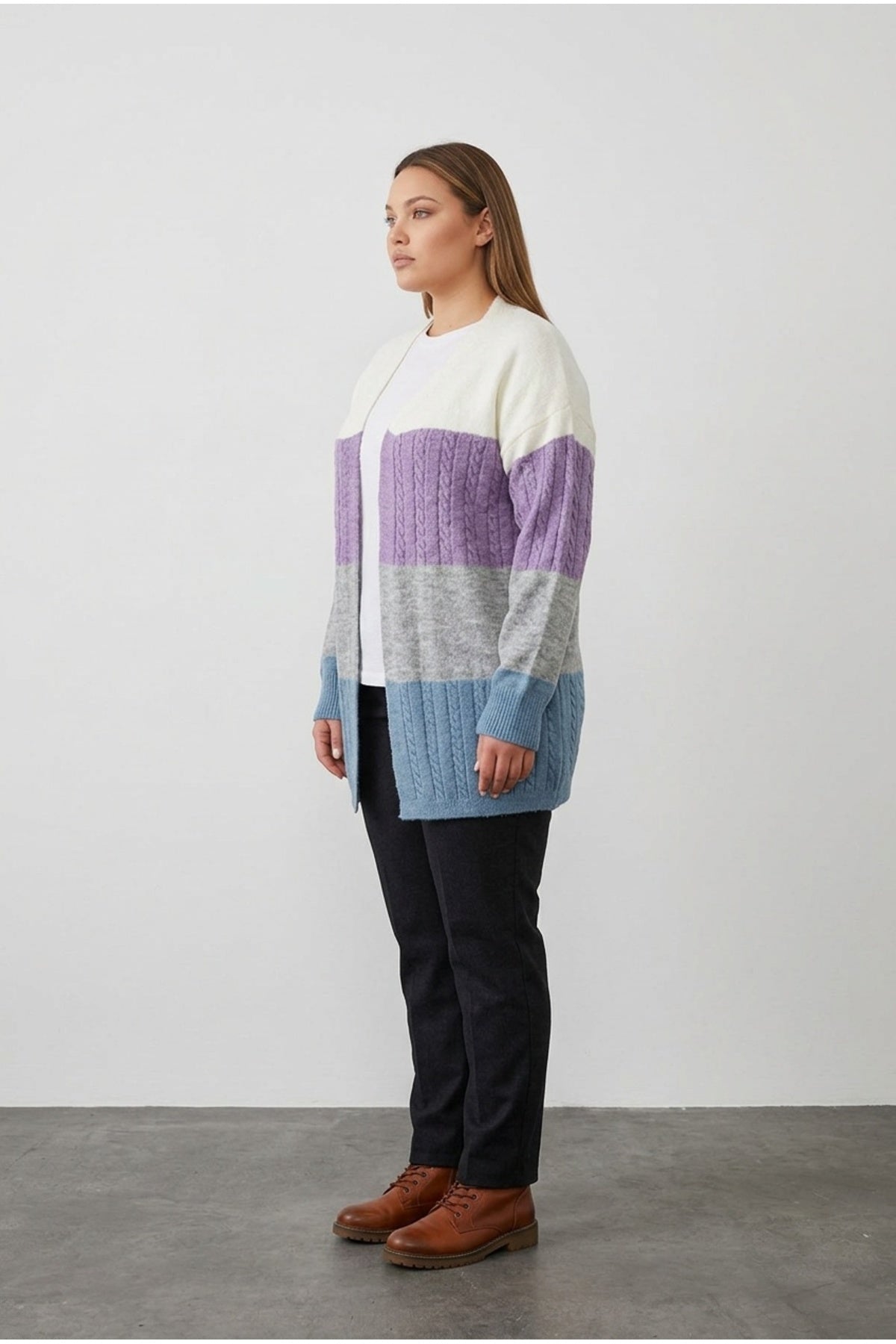 Plus Size Long Sleeve Open Front Color Block Knit Cardigan