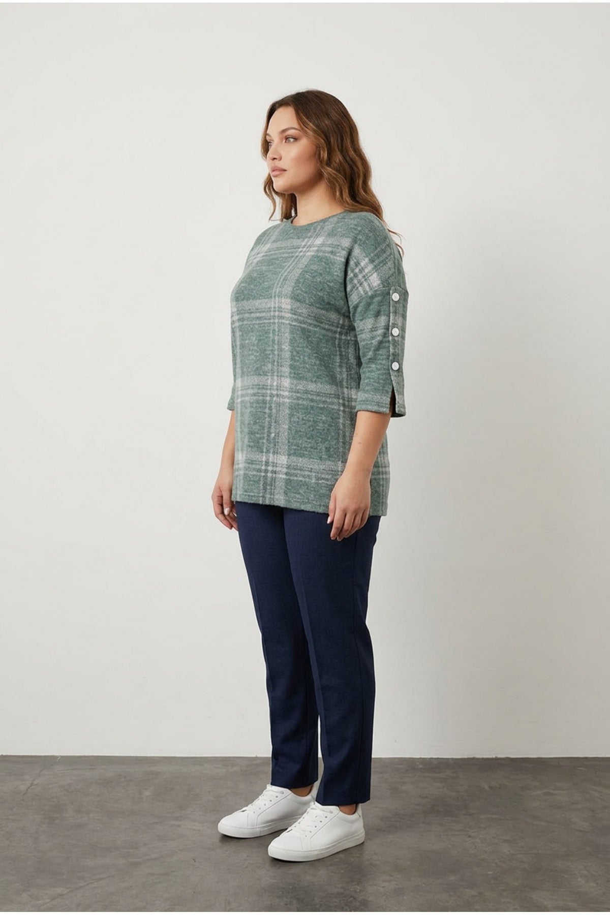 Plus Size Half Sleeve Button Detailed Soft Textured Sweater