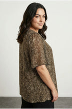 Plus Size V-Neck Blouse with Tulle Detail Sleeves and Leopard Print