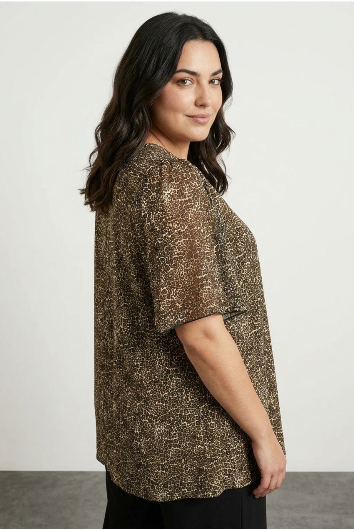 Plus Size V-Neck Blouse with Tulle Detail Sleeves and Leopard Print
