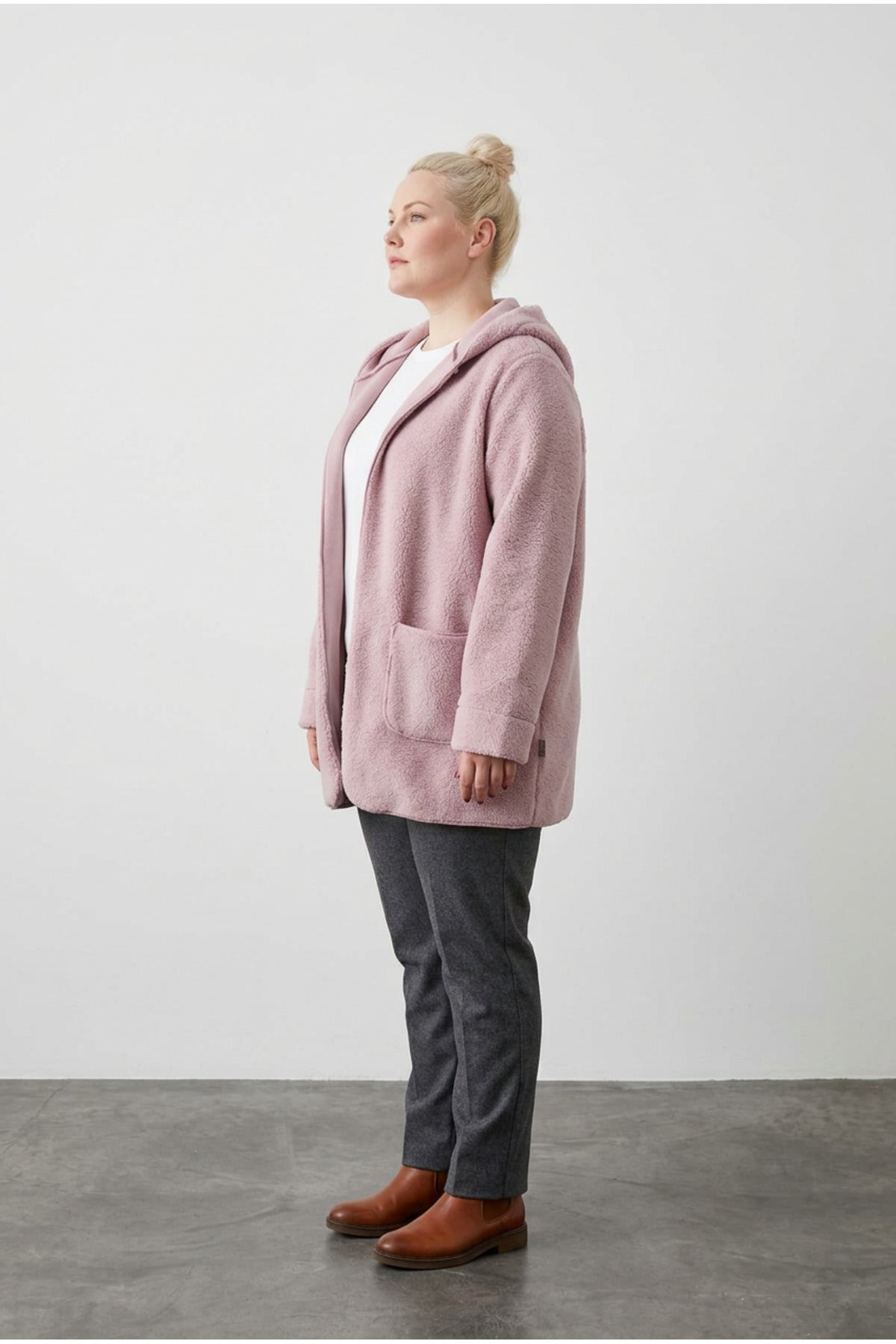 Plus Size Long Sleeve Hooded Open Front Plush Jacket with Pockets