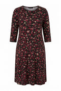 Plus Size Crew Neck Burgundy Floral Patterned Flowy Below-the-Knee Dress with Pockets