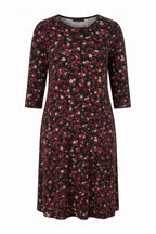 Plus Size Crew Neck Burgundy Floral Patterned Flowy Below-the-Knee Dress with Pockets