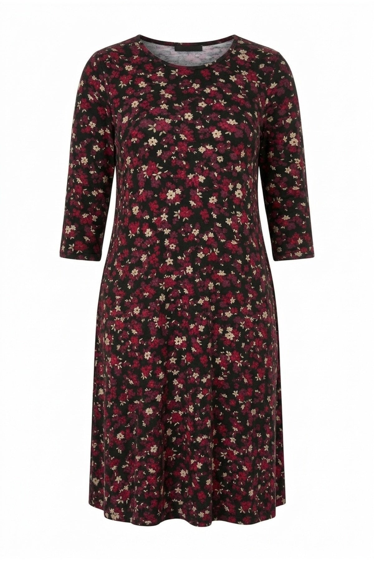 Plus Size Crew Neck Burgundy Floral Patterned Flowy Below-the-Knee Dress with Pockets