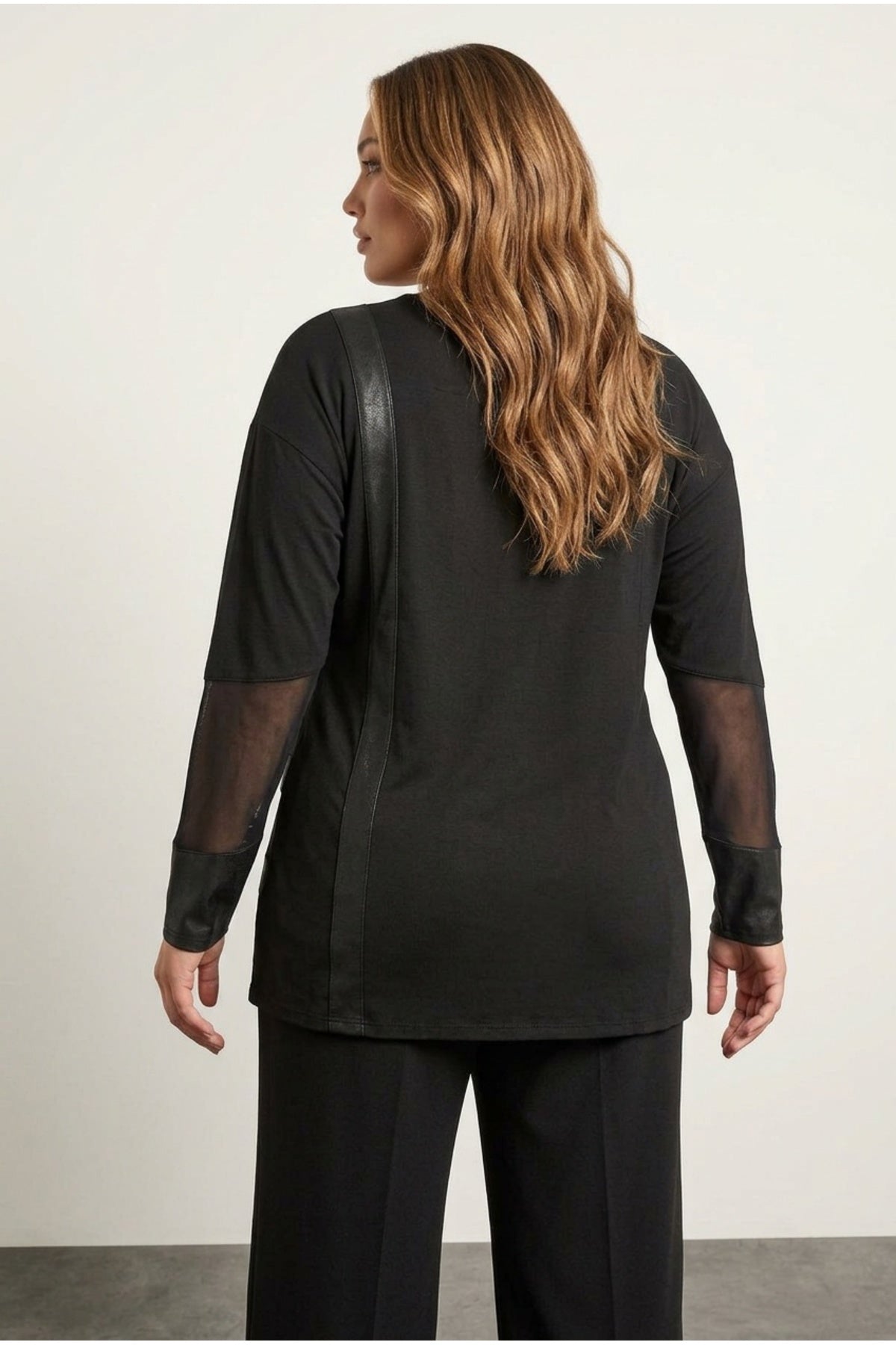 Plus Size Faux Leather Detailed Mesh Sleeve Slit Blouse