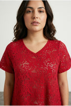 Plus Size V-Neck Short Sleeve Lace Pattern Unlined T-shirt