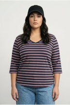 Plus Size V-Neck Dolman Sleeve Striped Lightweight Sweatshirt