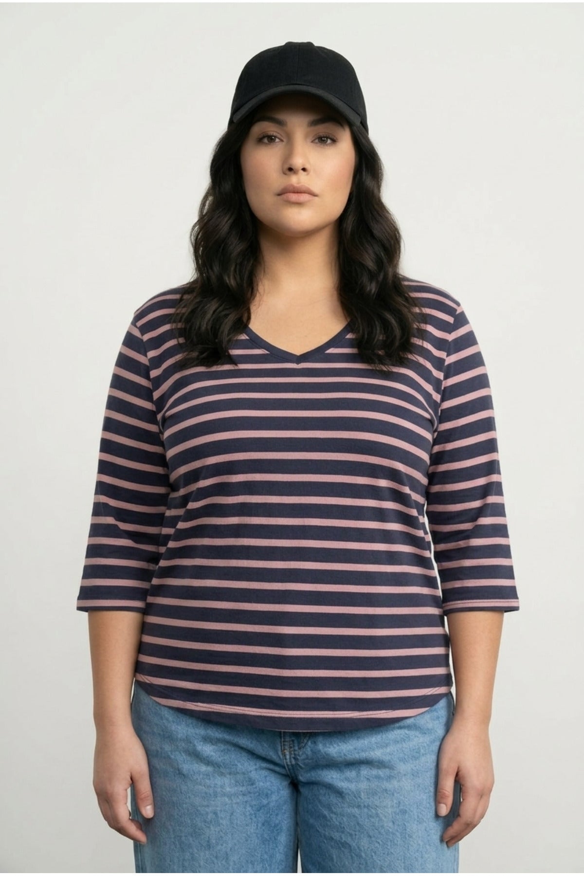 Plus Size V-Neck Dolman Sleeve Striped Lightweight Sweatshirt