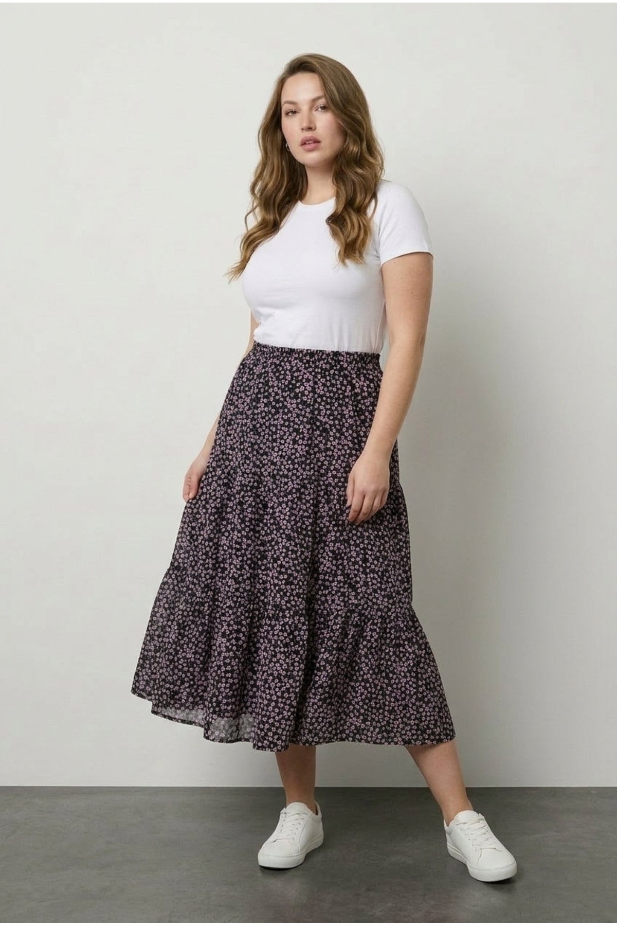 Plus Size Elastic Waist Pleated Minimal Floral Print Stretchy Fabric Skirt