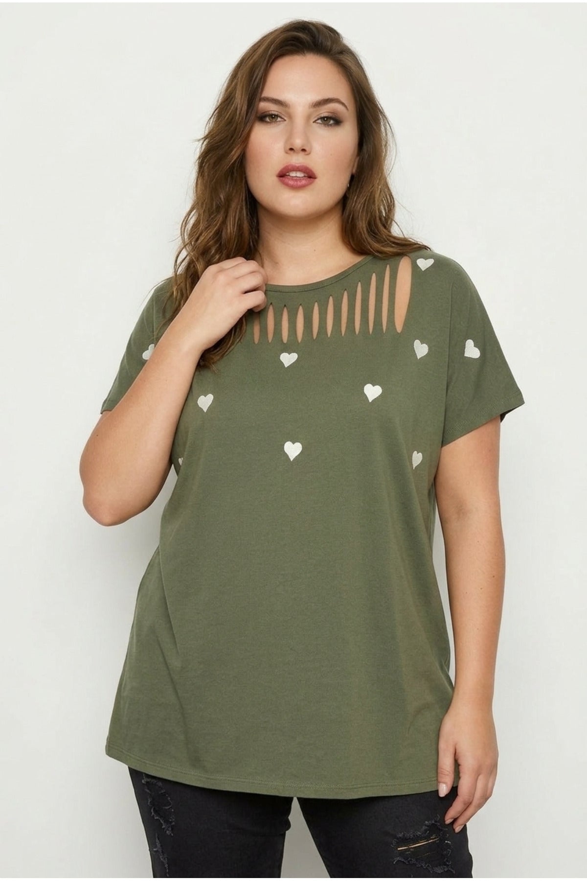 Plus Size Crew Neck Short Sleeve T-shirt with Slash Detail and Stretchy Fabric