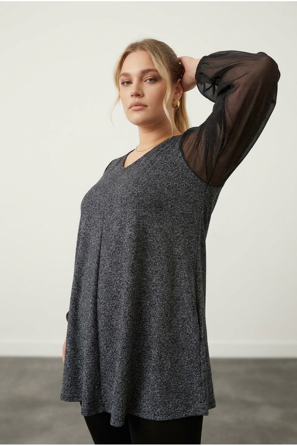 Plus Size Long Tulle Sleeve V-Neck Blouse with Elasticated Cuffs and Glitter Detail