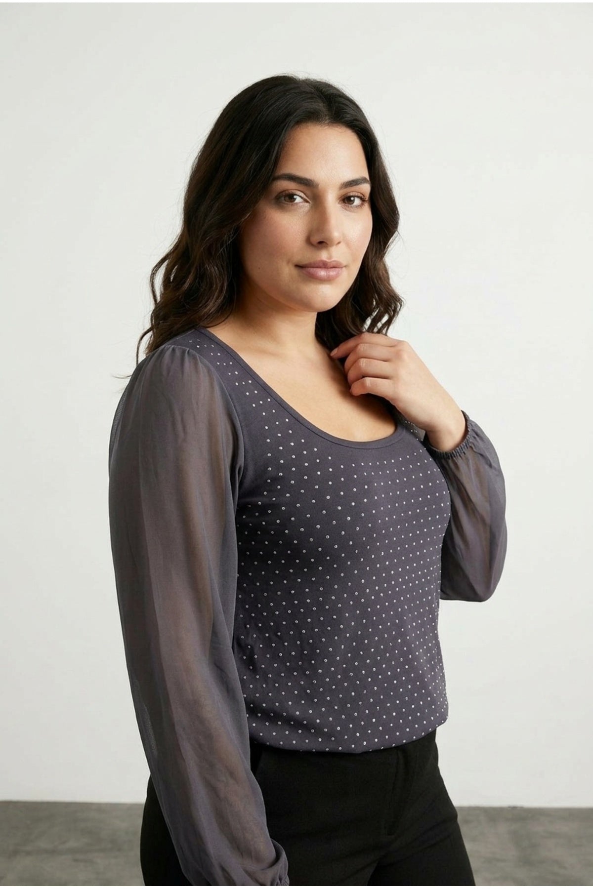 Plus Size Long Tulle Sleeve Stone Embellished Front Crew Neck Blouse