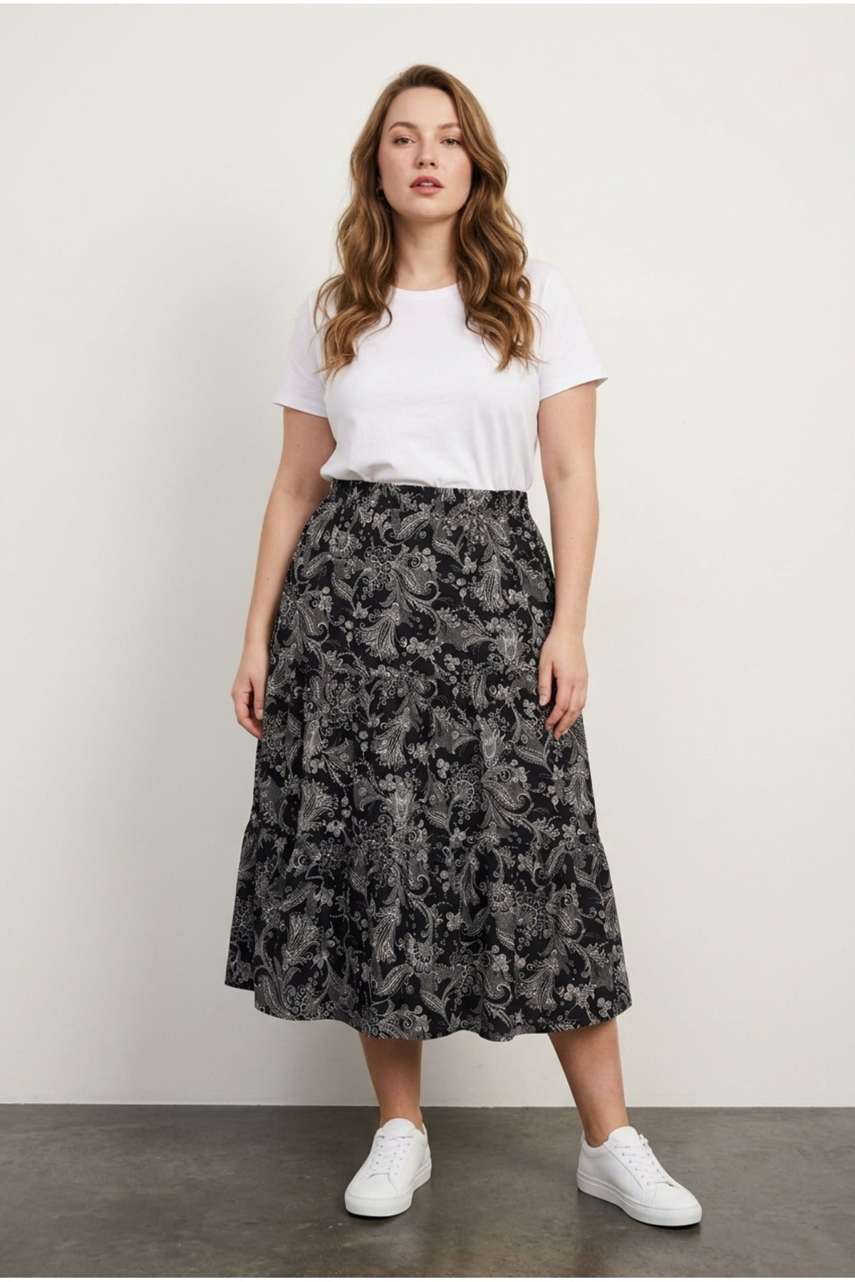 Plus Size Elastic Waist Pleated Floral Print Stretchy Fabric Skirt
