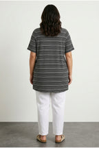 Plus Size V-Neck Short Sleeve Stretchy Fabric Striped Long T-shirt
