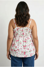 Plus Size Square Neck Strappy Floral Patterned T-shirt with String Detail