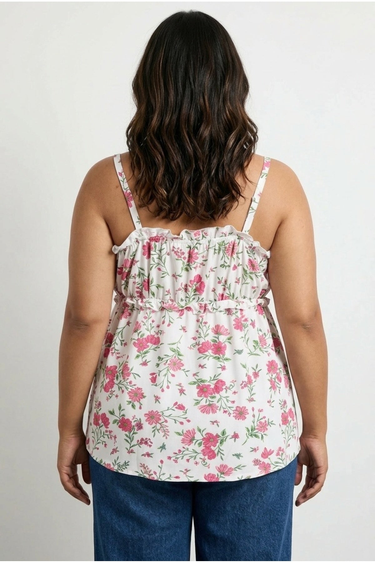 Plus Size Square Neck Strappy Floral Patterned T-shirt with String Detail