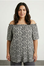 Plus Size Off-Shoulder Short Sleeve Button-Detailed Patterned Blouse