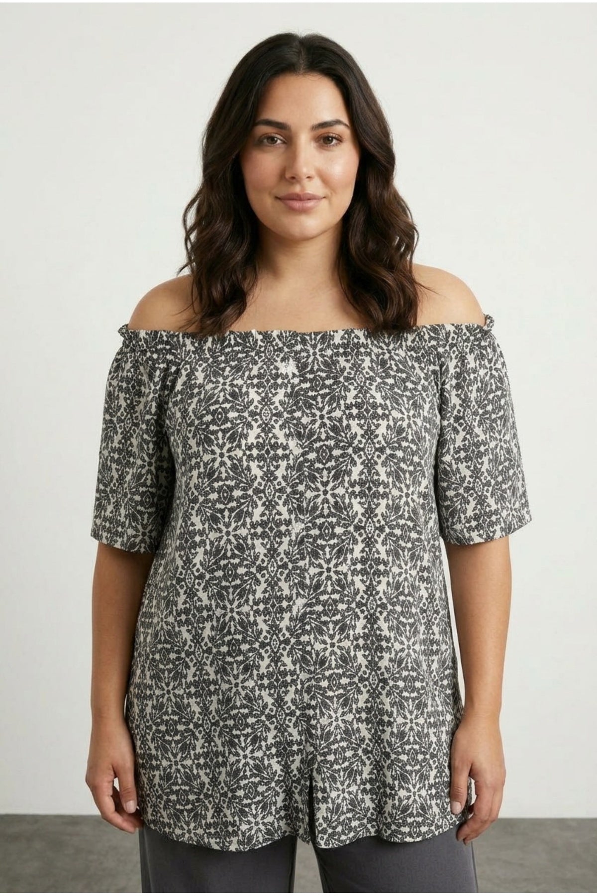 Plus Size Off-Shoulder Short Sleeve Button-Detailed Patterned Blouse