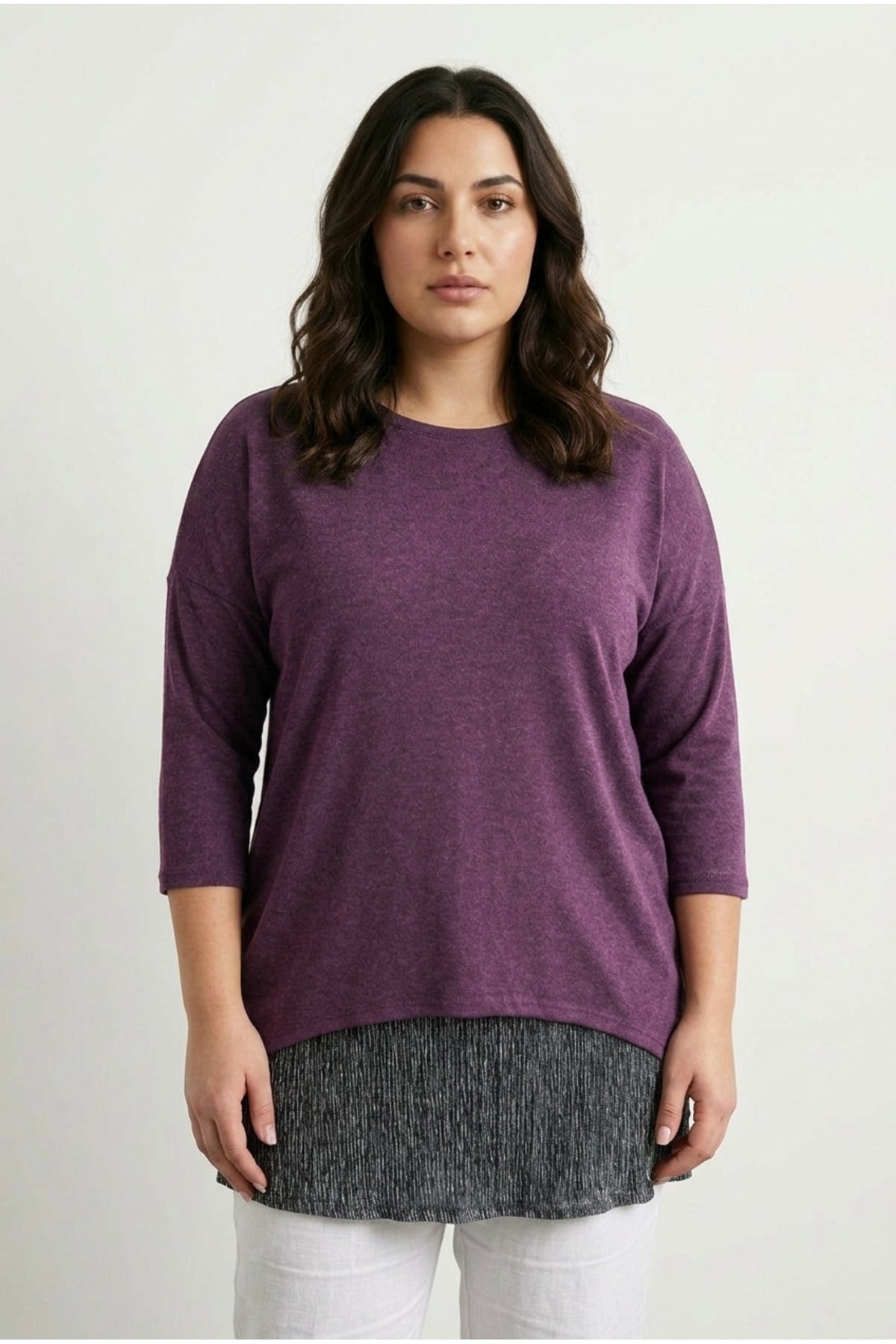 Plus Size Long Sleeve Thin Blouse with Tulle Detail on the Hem