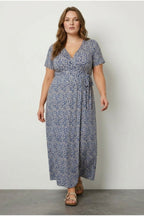 Plus Size V-Neck Patterned Belted Short Sleeve Wrap Dress