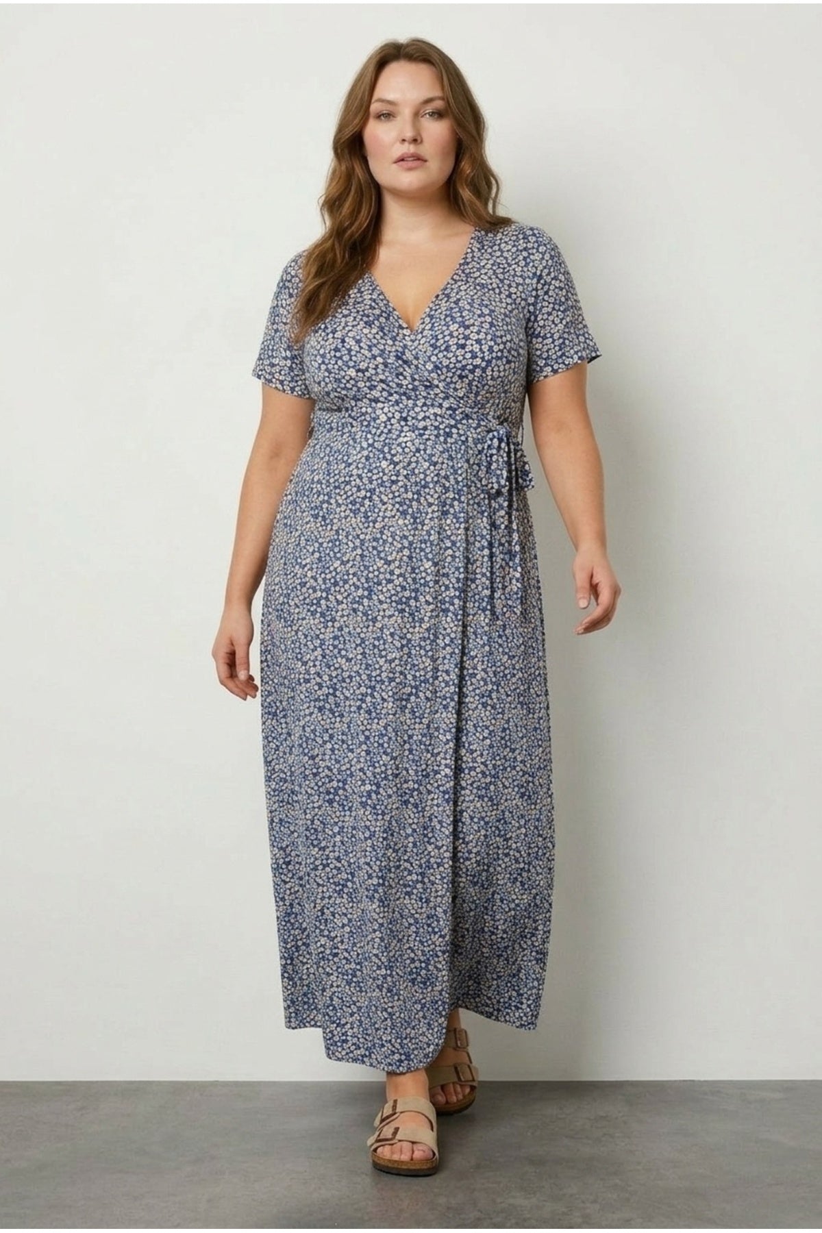 Plus Size V-Neck Patterned Belted Short Sleeve Wrap Dress
