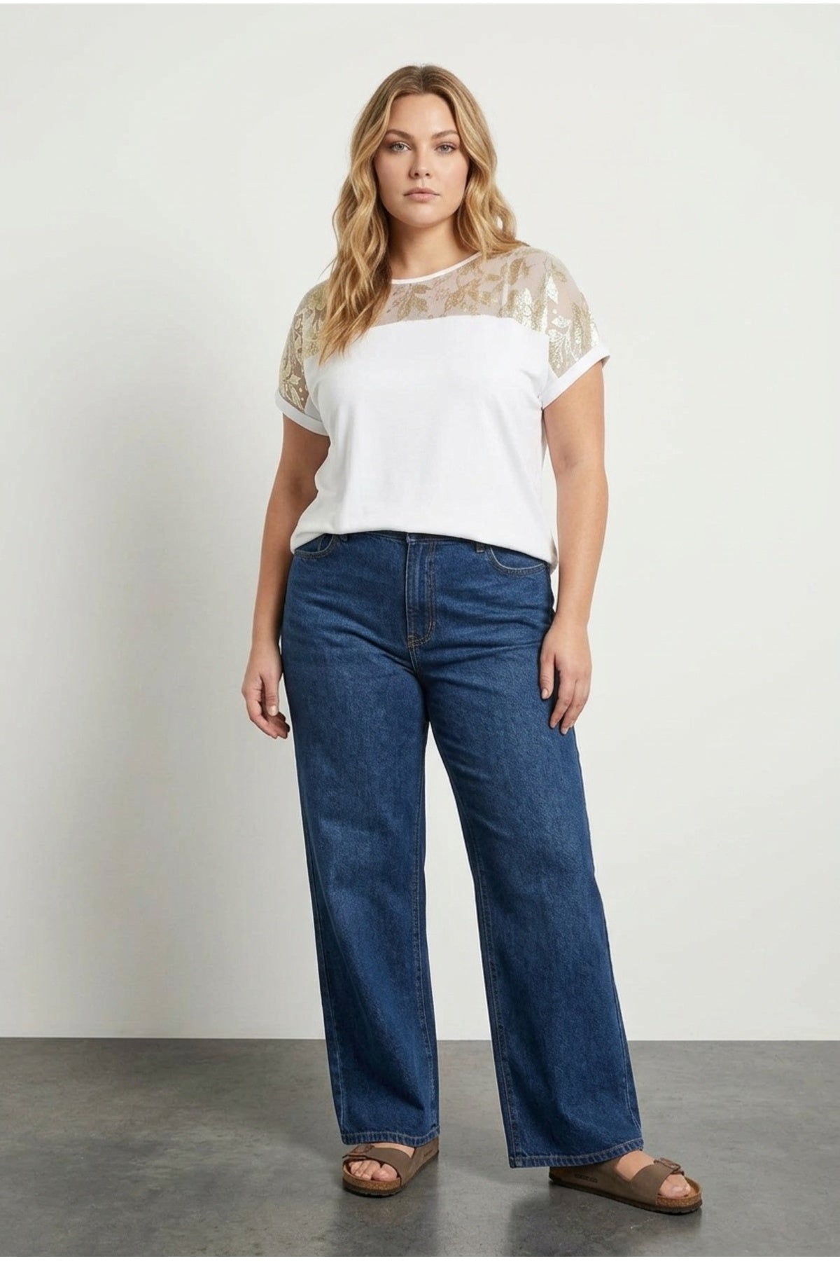 Plus Size Crew Neck Short Sleeve Sheer Yoke Blouse