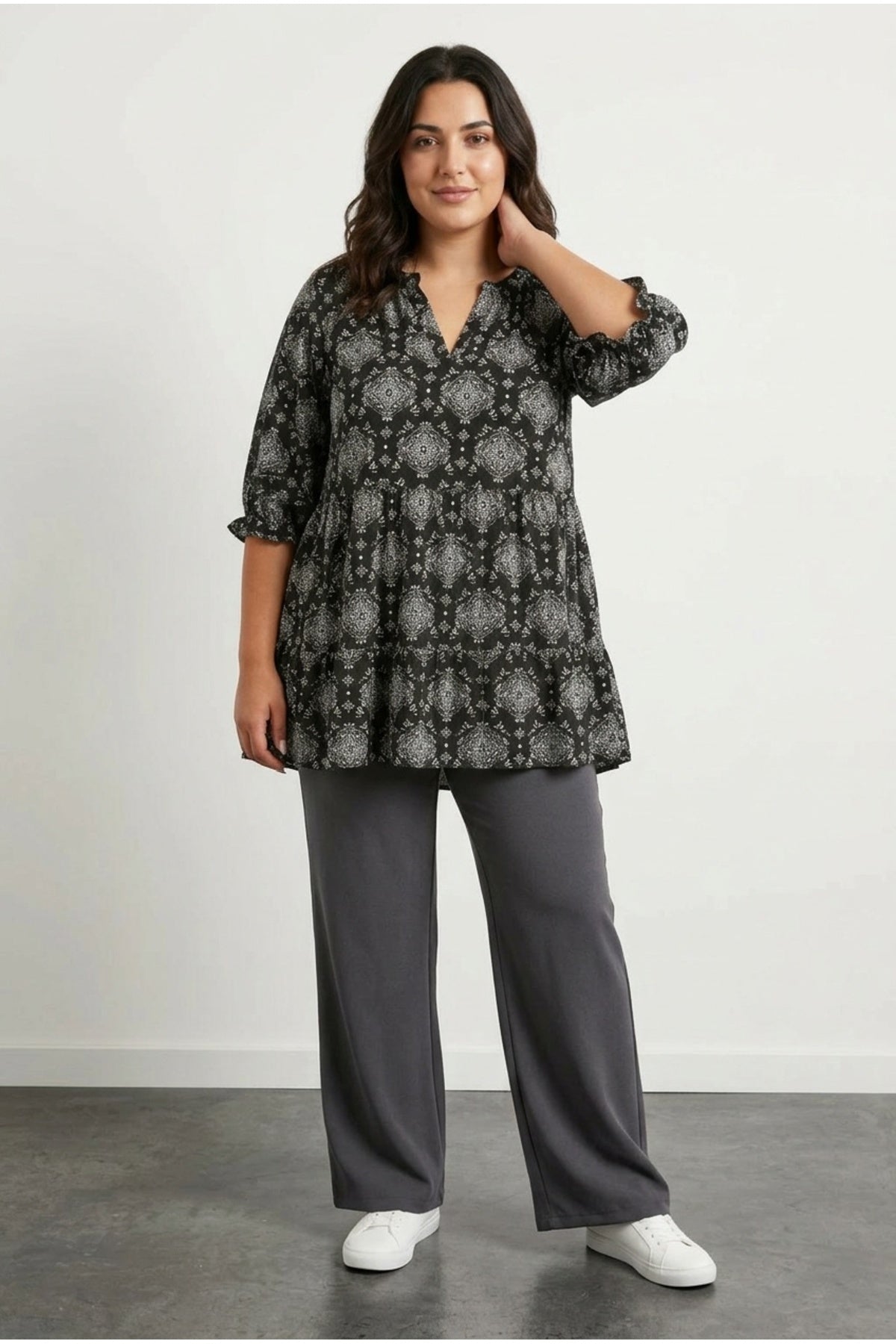 Plus Size Half Sleeve Notch Neck Patterned Blouse