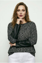Plus Size Crew Neck Long Sleeve Leather Detailed T-shirt