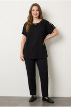 Plus Size Crew Neck Short Sleeve Shoulder Detailed Eyelet Flexible Fabric T-shirt