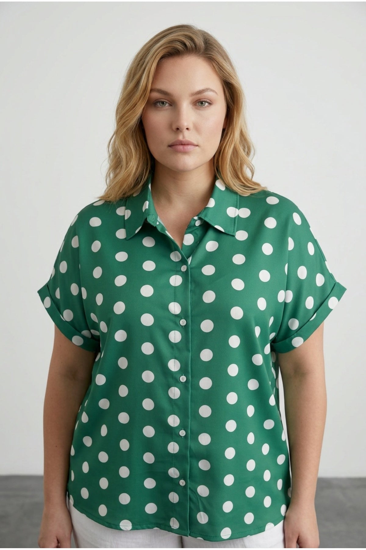 Plus Size Button-Front Short Sleeve Polka Dot Patterned Shirt