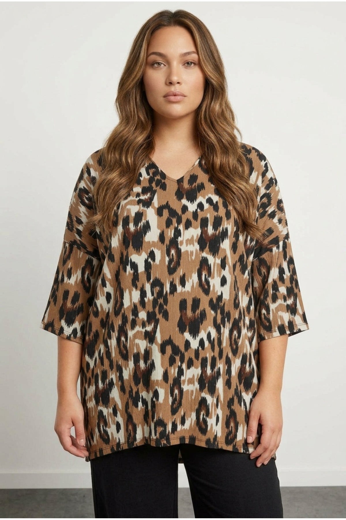Plus Size Shirt Collar Half Sleeve Asymmetrical Hem Cut Long Blouse