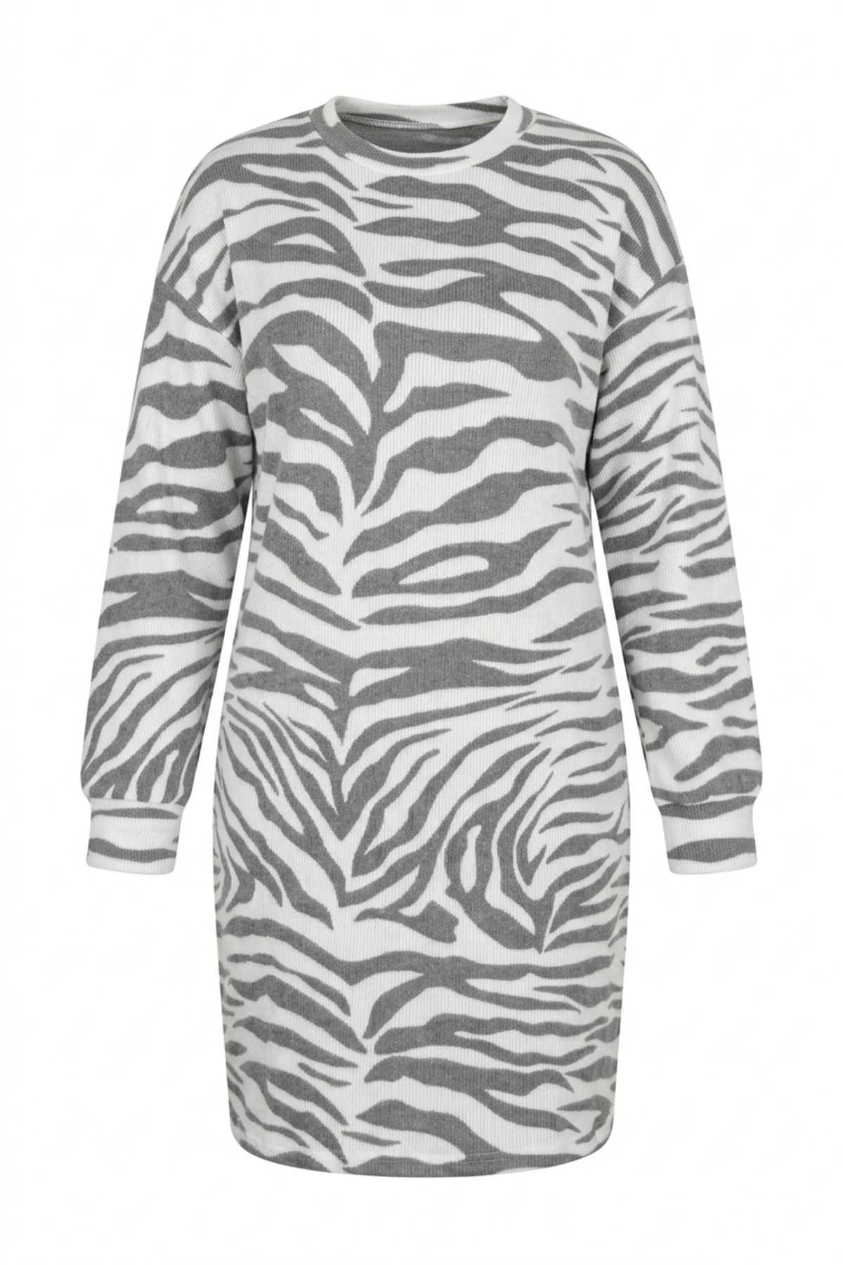 Plus Size Long Sleeve Crew Neck Zebra Print Mini Dress