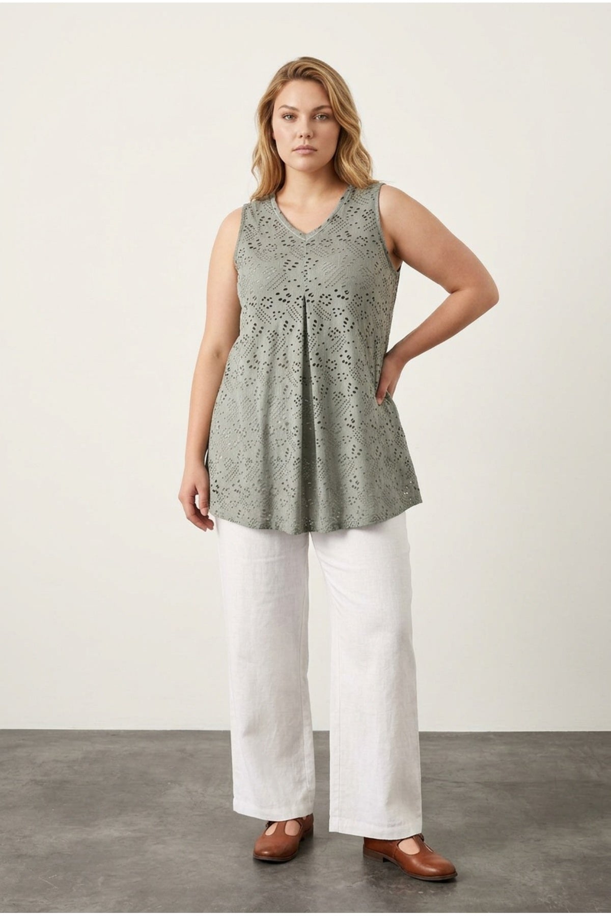 Plus Size V-Neck Sleeveless Lace Detailed Unlined Blouse