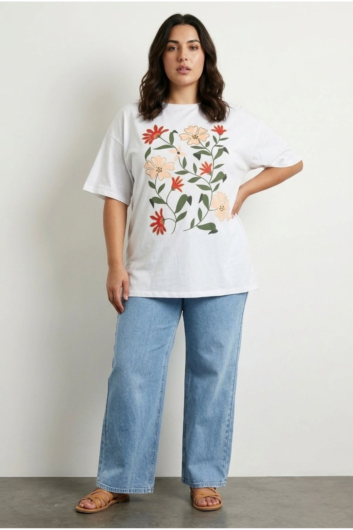 Plus Size Short Sleeve Crew Neck Floral Patterned T-shirt