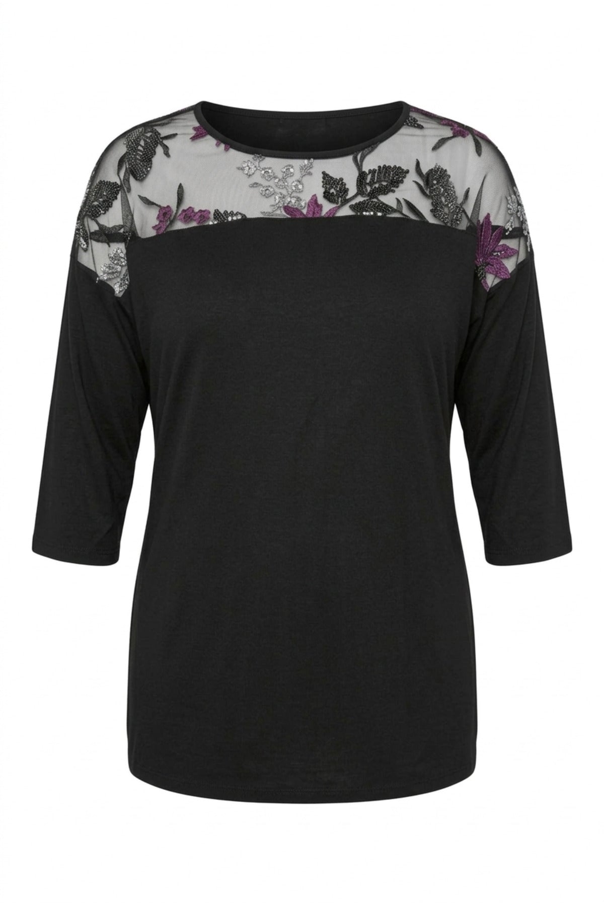 Plus Size Crew Neck Tulle Detailed Slim Sleeve Blouse