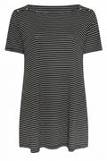 Plus Size Crew Neck Short Sleeve Shoulder Stud Detail Stretchy Fabric Striped Long T-shirt