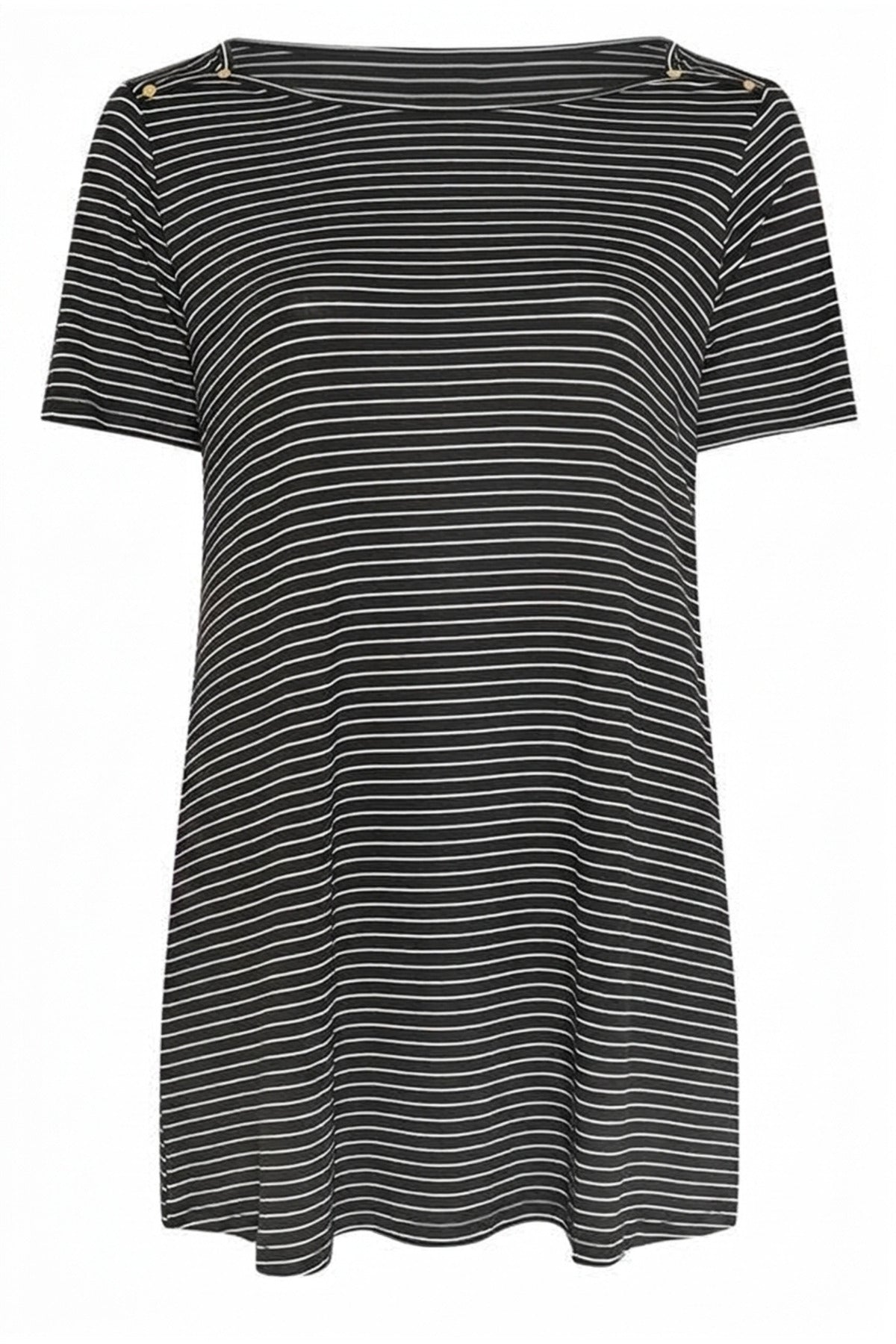 Plus Size Crew Neck Short Sleeve Shoulder Stud Detail Stretchy Fabric Striped Long T-shirt