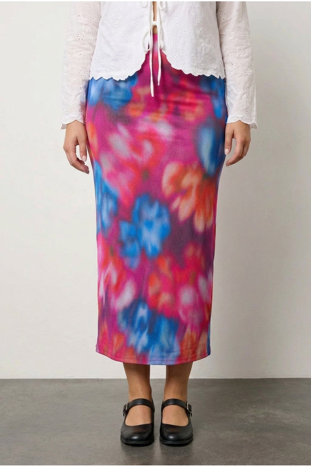 Plus Size Elastic Waist Patterned Lined Long Tulle Skirt