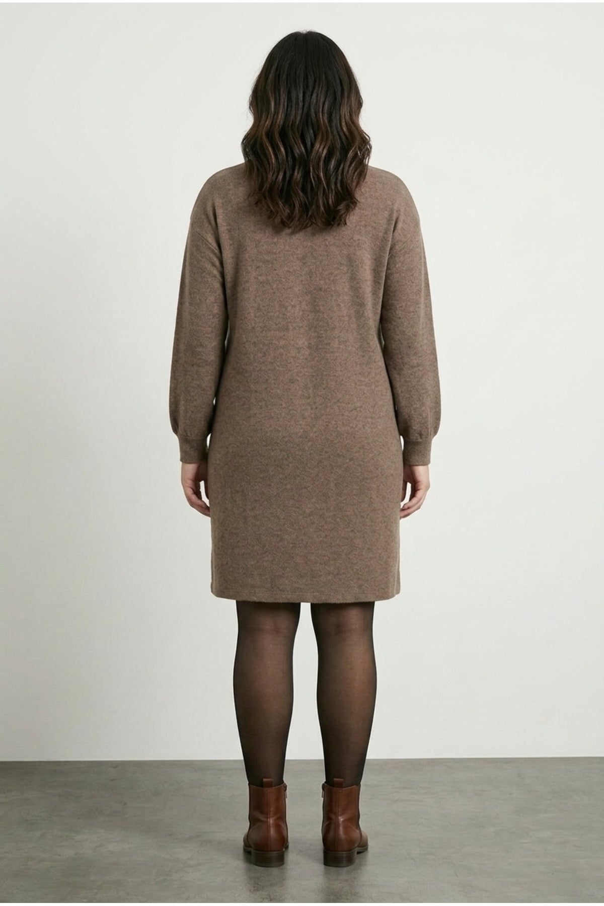 Plus Size Coffee Plush Dress with Zipper-Detailed Collar