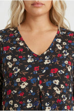 Plus Size Long Sleeve V-Neck Pleated Front Floral Print Blouse