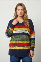 Plus Size V-Neck Striped Side Slit Long Sleeve Blouse