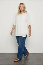 Plus Size Crew Neck Short Sleeve Side Slit Lined Blouse