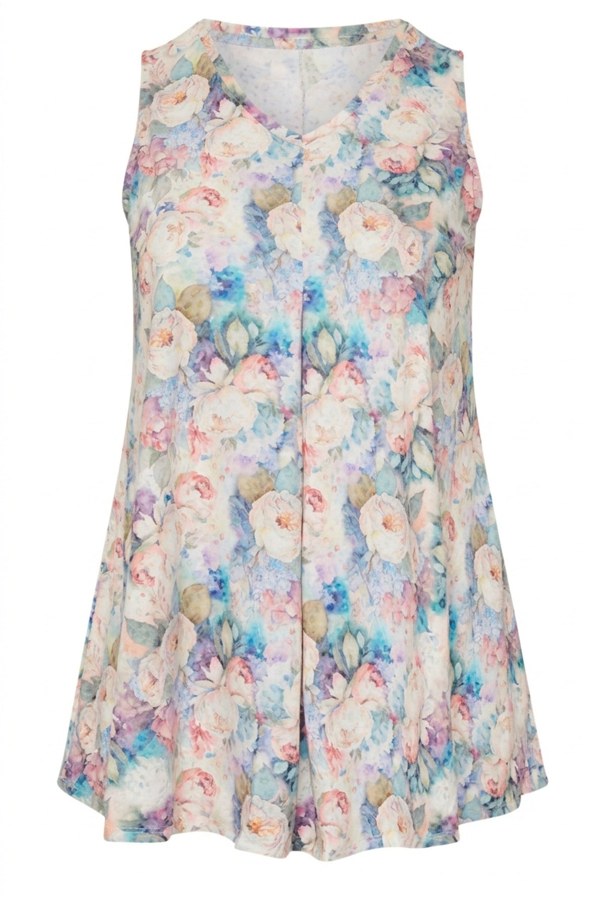 Plus Size Sleeveless V-Neck Floral Patterned Flared Hem Blouse