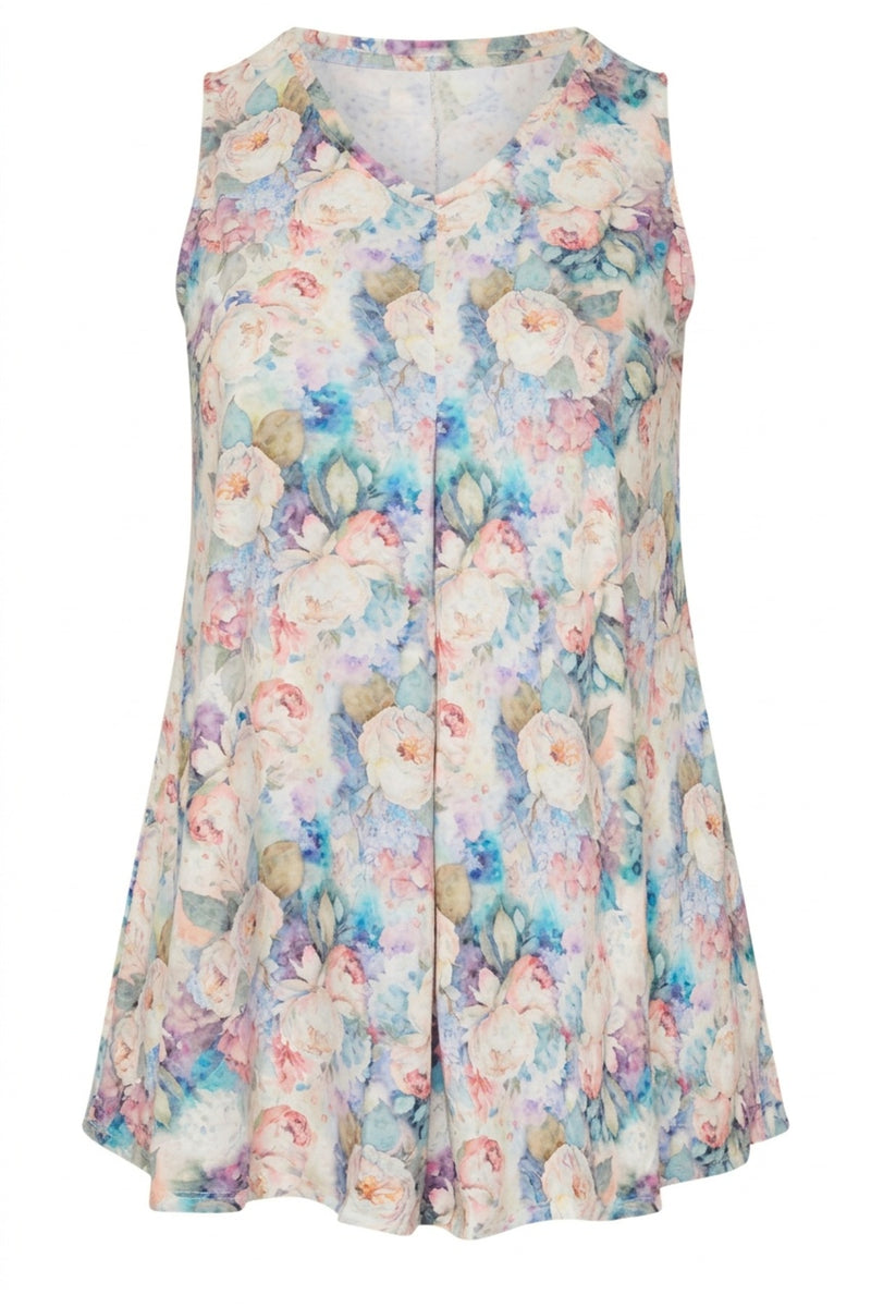 Plus Size Sleeveless V-Neck Floral Patterned Flared Hem Blouse