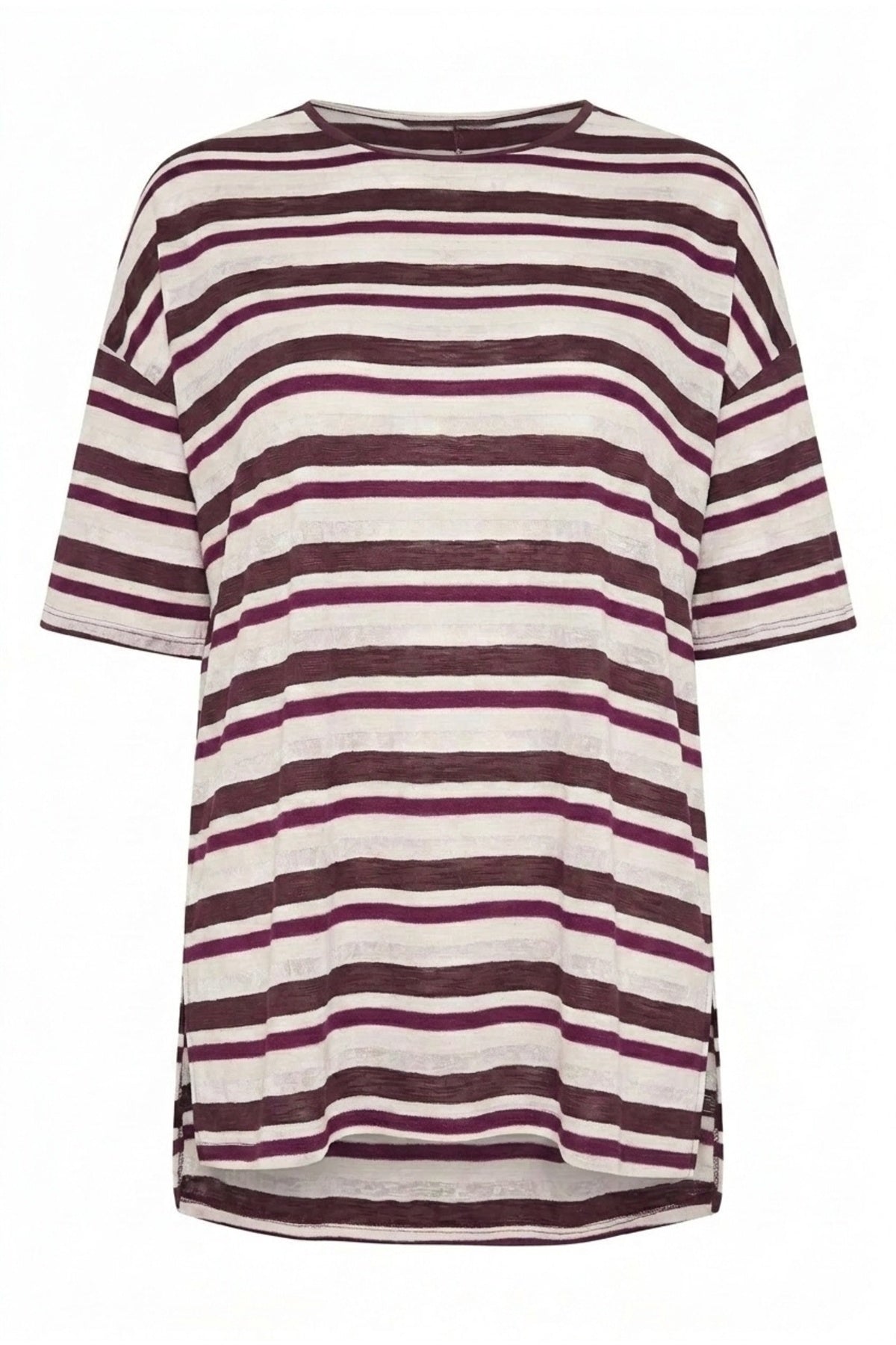 Plus Size Side Slit Short Sleeve Crew Neck Striped T-shirt