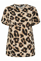 Plus Size Crew Neck Short Sleeve Eyelet Detailed Leopard Print Blouse