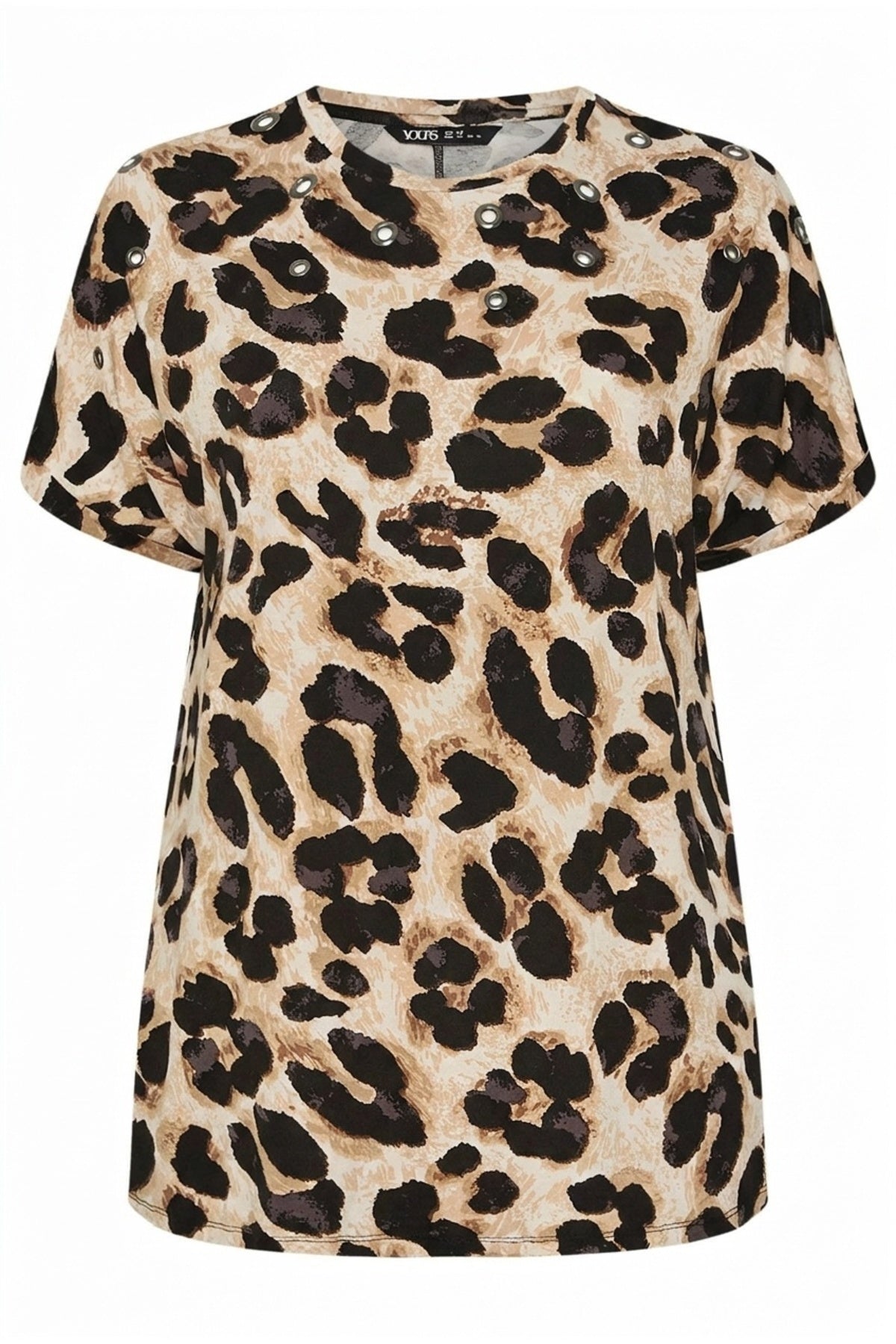 Plus Size Crew Neck Short Sleeve Eyelet Detailed Leopard Print Blouse