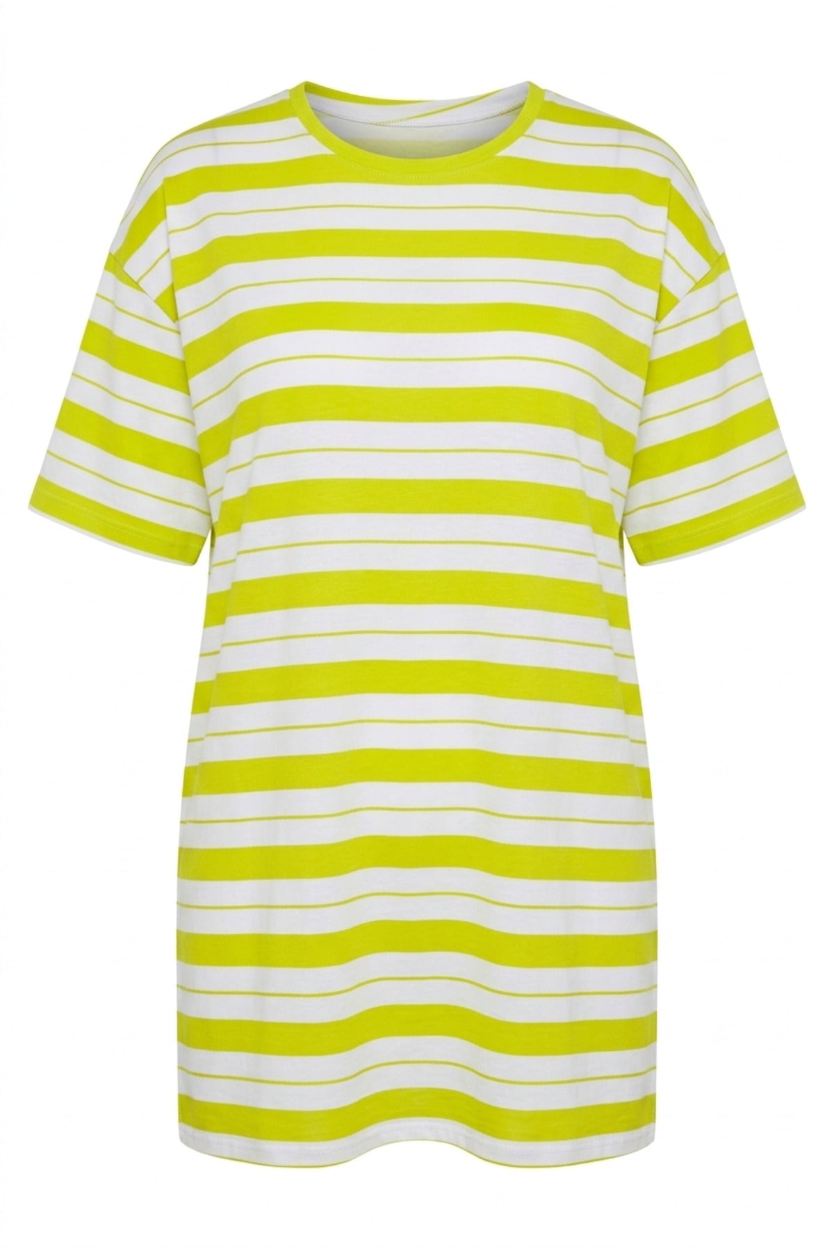 Plus Size Crew Neck Short Sleeve Striped Long Stretchy Fabric Tunic T-shirt